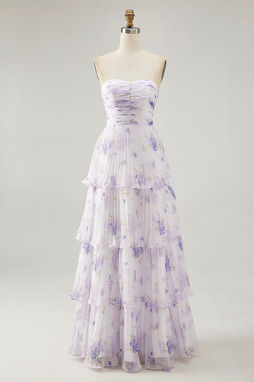 Tiered Lavender Flower A Line Strapless Pleated Bridesmaid Dress